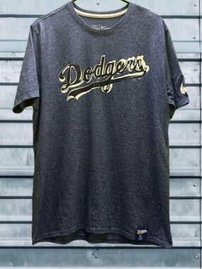 Nike Dodgers Men's Dark Blue Graphic Tee with Cream Logo L